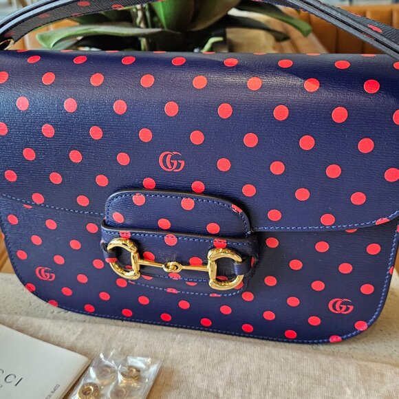 Gucci  Shangai Calfskin Polka Dot Horsebit 1955 Shoulder Bag Blue Orange - Picture 4 of 17